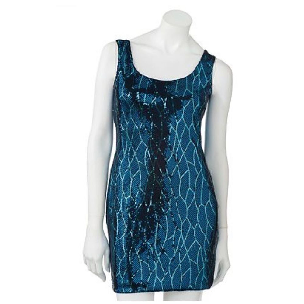 Lily Rose Sequined Leaf Print Tank Dress, Small. Blue, Green and Black. Taylor S